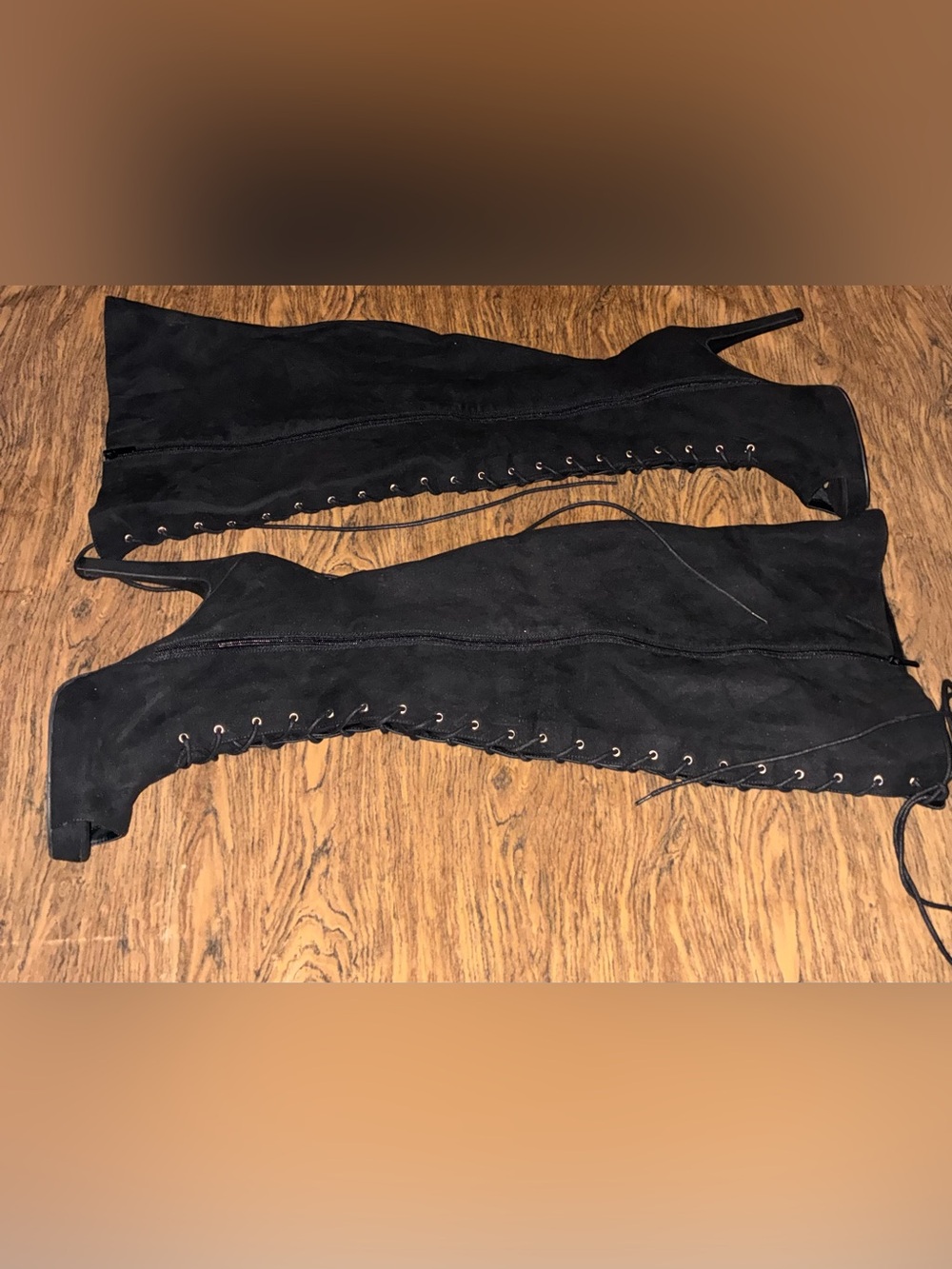 Open Toe Lace‑Up Over‑the‑Knee Platform Boot (Black, Size 13 WW)